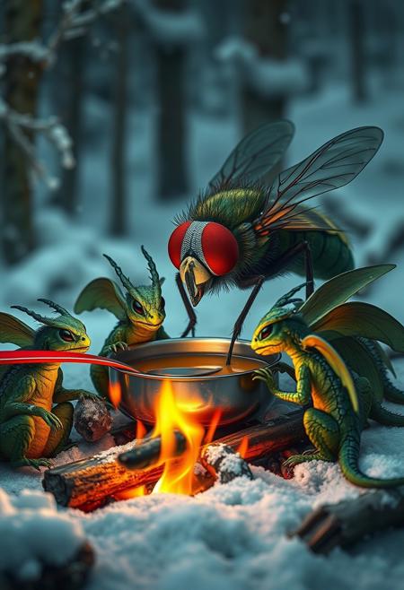 surreal VFX, big domestic fly stirring broth  with a steel red spoon on a campfire, sitting with a group of little green dragons with dark green wings seen under an electron scanning microscope, with details, snow, winter forest, vivid colors