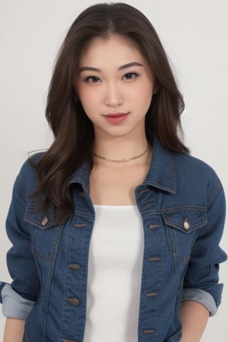 (tanktop, jeans,denim jacket), collar bone, collar cocker, perfect face shape, (perfect eyes, bright eyes, downing eyes, perfect eyes looking, downing eyes),{smirk|parted lips,teeth}), cleavage, (medium breast:1.2), looking at viewer, (shiny skin, pale skin, clear skin), (medium bob hair : 1.2), focus on face, ((white background, simple background)), (make up, blush), (dinamic pose, profesional model pose, naughty pose), (fullbody shoot)