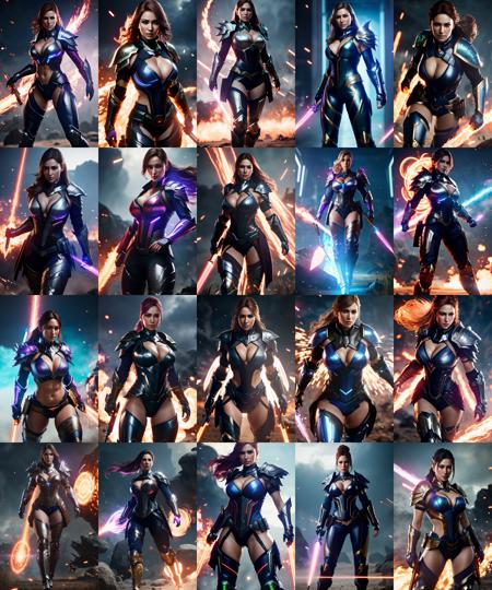 beautiful gorgeous full body 8k unity render, of badass female warrior, background of battlefield, cleavage, wearing futuristic armor, action shot, backlit, detailed face, (vibrant, photo realistic, realistic, dramatic, dark, sharp focus, 8k), energy swirls and particles