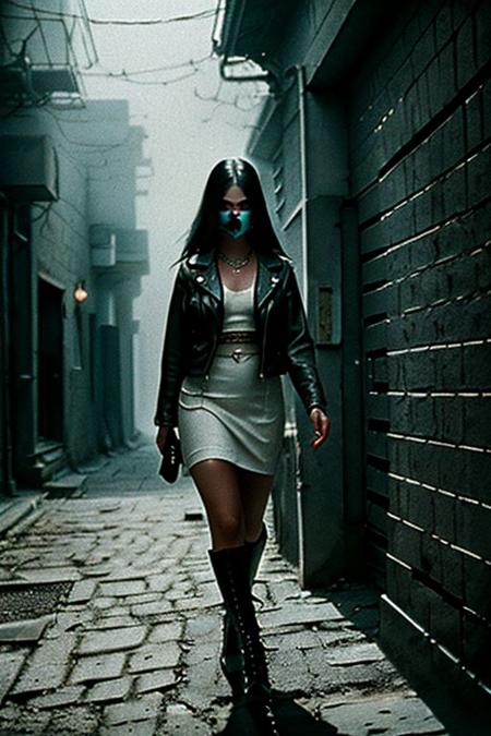 StacyM_SoloTI_v1,
(Wrapped in a sleek leather jacket, full body, accentuated by silver studs and chains, emanating a fierce and edgy aura), (A dimly lit alleyway, with shadows lurking in the corners, exuding an atmosphere of calculated intensity: 1.3), (seductive:1.3),(analog, cinematic, film grain, hazy atmosphere, cinematic shot:1.3),
 <lora:add_detail:0.6>, PA7_Portrait-MCU,beautiful, elegant, confident, sorceress, witch, priestess, druid