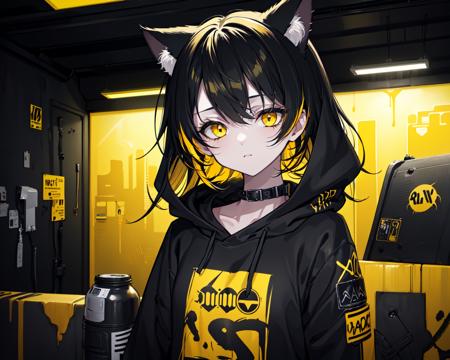 (best quality, masterpiece), (1girl, solo, cat ear black hood, standing, yellow eyes, black hair, leaning, upper body), (less light, black yellow room, Yellow graffiti behind, disorderly spray cans)