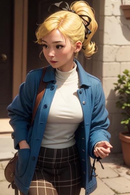 ((best quality)), ((masterpiece)), (detailed),(high-resolution:1.2), (adult woman), 
Seccotine, 1girl, blonde hair, ponytail, ribbon, blue jacket, squared skirt