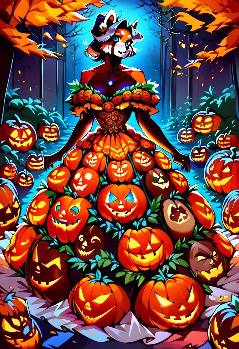 score_9, score_8_up, score_7_up, Lexia, red panda girl, blue eyes, large breasts, wrnchhhg, bare shoulders, halloween, pumpkin, jack-o'-lantern dress, off-shoulder dress, strapless dress