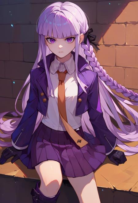 Kyoko, purple eyes, purple hair, long hair, braid,    black gloves,  purple jacket, purple skirt, brown necktie, white shirt boots