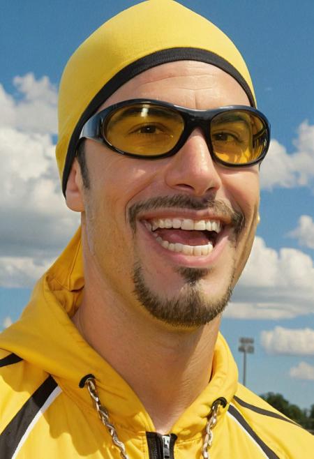 picture of a man EPAliGXL wearing an yellow tracksuit and a do-rag, sunglasses, on a soccer field, upperbody portrait, smile, sun, sky, clouds