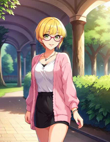 mymtfrdrc, mymtfrdrc,short hair, blonde hair, bangs, green eyes, eyelashes, medium breasts, score_9, score_8_up, score_7_up, source_anime,