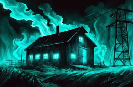 a digital painting of an otherworldly vibrant cyan radioactive glow coming from a small farm building, at night, dark, high contrast, drone shot, vivid fantasy colors, digital art