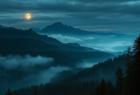 midnight, mist, mountains, rivers and forests, a wide vista, medieval, D&D, real photo, 4k, high contrast, vibrant colours, movie still