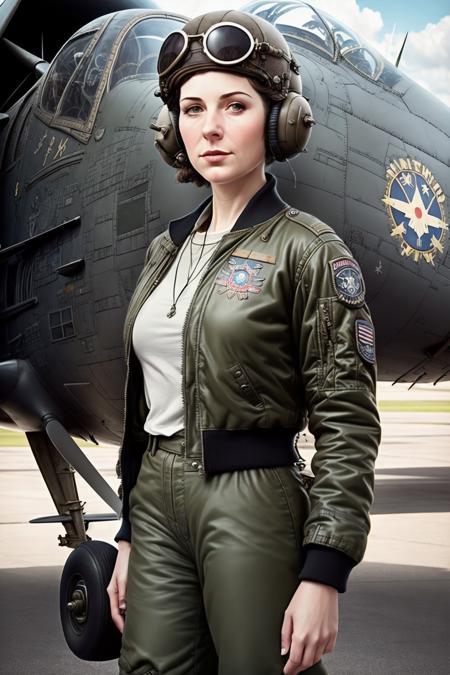 fantchar, a female ww2 pilot wearing a bomber jacket and aviator sunglasses standing in front of a prop airplane, helmet with visor, brown bomber jacket with badges and patches, military, steampunk, daytime, clouds, sky, realistic, highly detailed, intricate