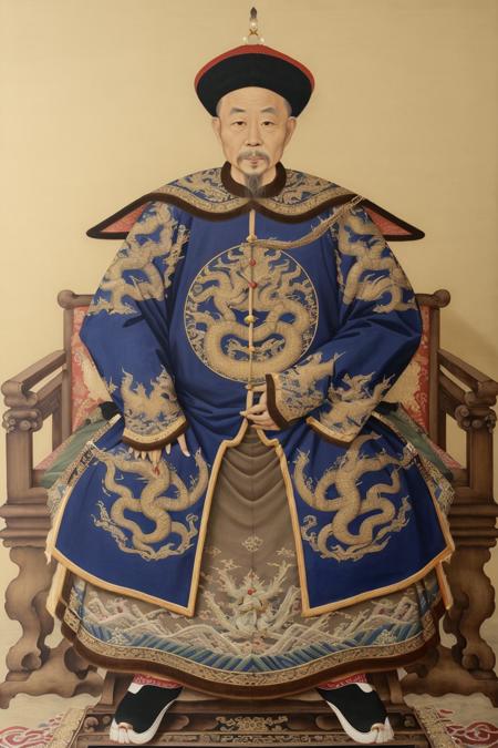 best quality, highres, painting of 1 man sitting,  full body,  front view,  <lora:Xiang:0.8>, xiaoxiang, extremely ornate chinese clothes, round badge, dragon pattern