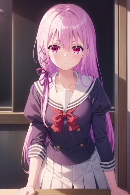 engagekisara, <lora:engage kisara s1-lora-nochekaiser:1>,
kisara, long hair, pink hair, (red eyes:1.3), hair between eyes, hair ornament, ribbon, hair ribbon,
BREAK long sleeves, ribbon, school uniform, puffy sleeves, sailor collar, red bow, juliet sleeves, white sailor collar,
BREAK indoors, classroom,
BREAK looking at viewer, (cowboy shot:1.5),
BREAK <lyco:GoodHands-beta2:1>, (masterpiece:1.2), best quality, high resolution, unity 8k wallpaper, (illustration:0.8), (beautiful detailed eyes:1.6), extremely detailed face, perfect lighting, extremely detailed CG, (perfect hands, perfect anatomy),