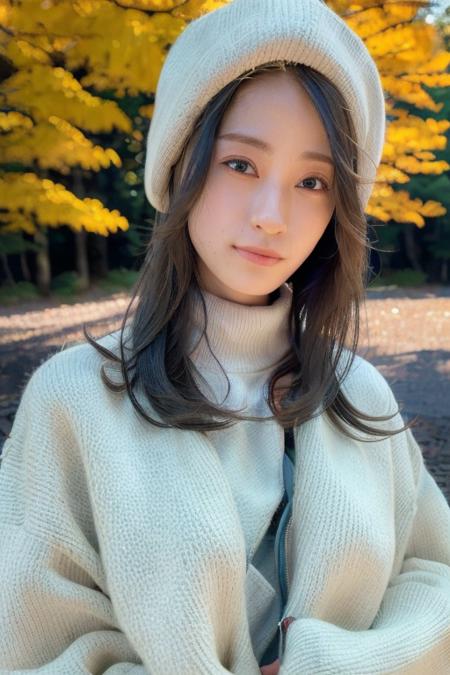 1girl,(wearing a cardigan over a turtleneck sweater:1.2),(wearing a wooly beret),(RAW photo, best quality), (realistic, photo-realistic:1.4), masterpiece, an extremely delicate and beautiful, extremely detailed, 2k wallpaper, Amazing, finely detail, extremely detailed CG unity 8k wallpaper, ultra-detailed, highres, soft light, beautiful detailed girl, extremely detailed eyes and face, beautiful detailed nose, beautiful detailed eyes,cinematic lighting,(in a beautiful forest of pine trees at a Japanese countryside),(autumn scenery:1.3),(maple trees in autumn),(by a small rocky river),(morning light),perfect anatomy,slender body,<lora:sumidaayano_lora:1>