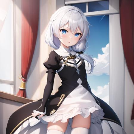 (masterpiece:1.2), (best quality:1.3), valkyrie_pledge, 1girl, blue_eyes, white_hair, flat_chess, black_dress, <lora:valkyrie_pledge_v4:1>