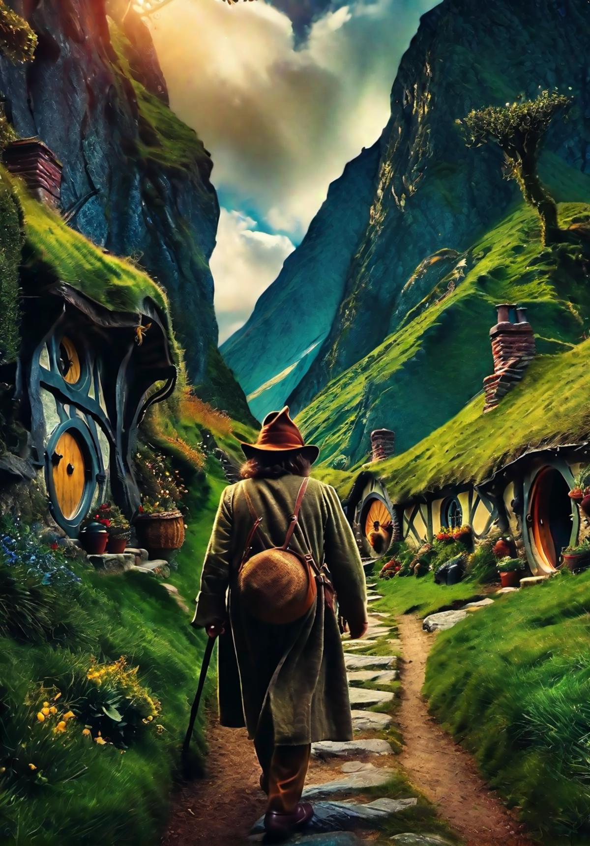 A man carrying a brown bag and walking towards hobbit homes in the mountains.