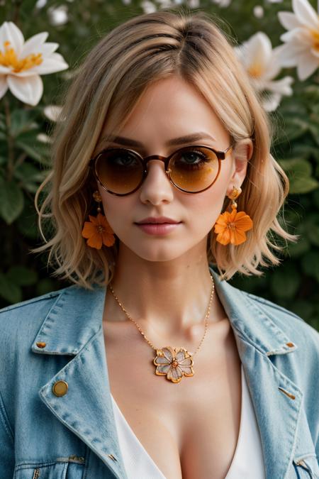 1girl, short hair, blue eyes, earrings, simple background, flower, upper body, hair flower, orange-tinted eyewear, sunglasses, necklace, jacket, closed mouth, floral print, bangs, blonde hair, white hair, makeup, round eyewear, piercing, details, realist skin, skin detailed, underboobs, tatoos,art<lora:FilmVelvia3:1> <lora:UE_20230717224732:0
5>