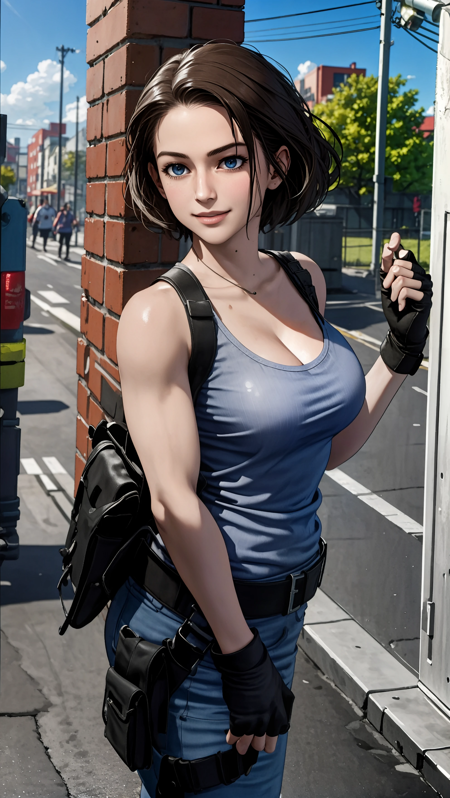 JillR3make blue tank top, pants, holster, fingerless gloves short hair, brown hair, blue eyes