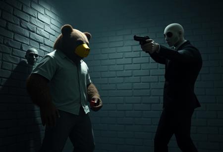 epic Grimdark, highly detailed 3D render: Dimly lit room, gray brick walls. Anthropomorphic bear, yellow mask, white shirt, gray pants, holding red object. Opposite, humanoid in black suit points gun. Tension, captivating low key lighting, cinematic, impeccable composition. Octane render, Unreal Engine 5, trending on Artstation, concept art, 8k, lifelike details.