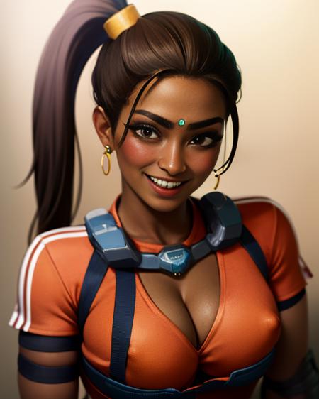 Rampart,dark skin,forehead jewel ,nose piercing,side ponytail ,brown hair, solo, smiling,  upper body,  close,
RampJS,jewelry, tight orange jumpsuit with white srtipes, knee pads ,  right  glove,
cleavage, blushing,  covered nipples,
tool shed, morning, grease,  oil marks,
(insanely detailed, beautiful detailed face, masterpiece, best quality)  <lora:Rampart:0.8>