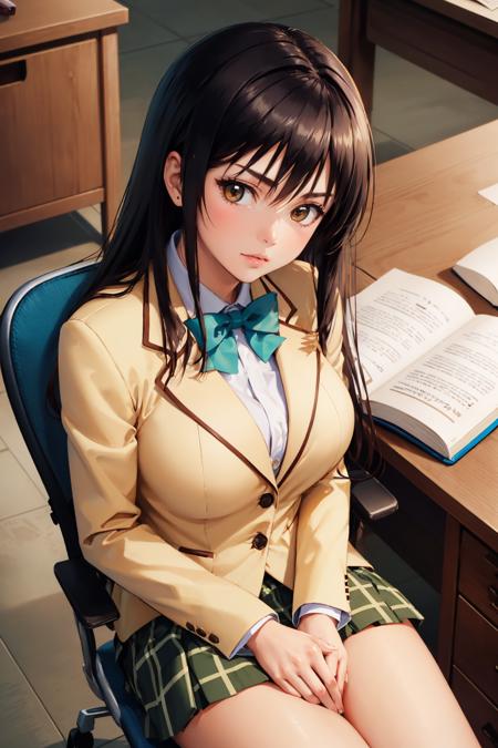 masterpiece, best quality, <lora:kotegawayui-nvwls-v1-000009:0.9> defYui, yellow blazer, long sleeves, green bowtie, plaid miniskirt, large breasts, sitting, desk, chair, library, looking at viewer, from above