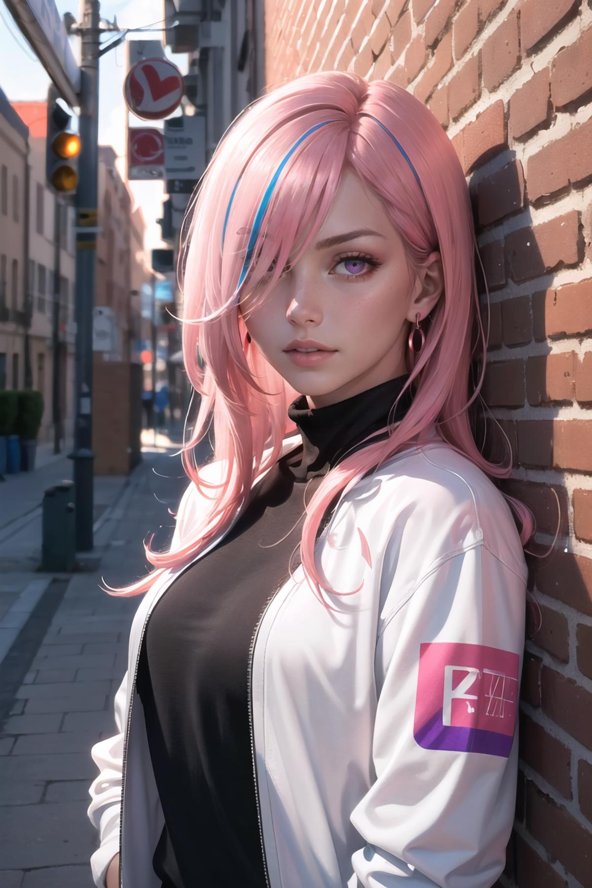 Pink-haired woman with blue eyes and a black top leans against a brick wall.
