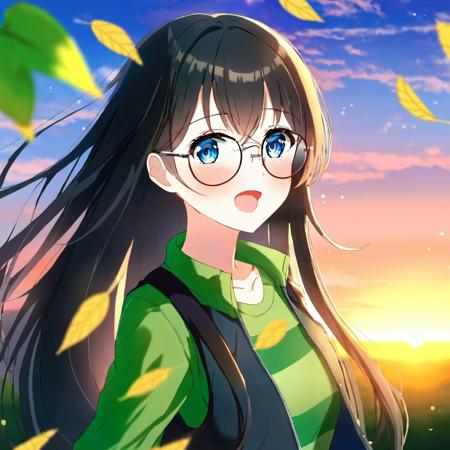 a woman with glasses, who is wearing a green shirt and a black jacket. She is standing in front of a sunset, with her hair blowing in the wind, depth of field, cinematic compositions, best lighting, solo, 1girl, long hair, glasses, black hair, blush, open mouth, vest, jacket, leaf, green eyes, shirt, blue eyes, striped