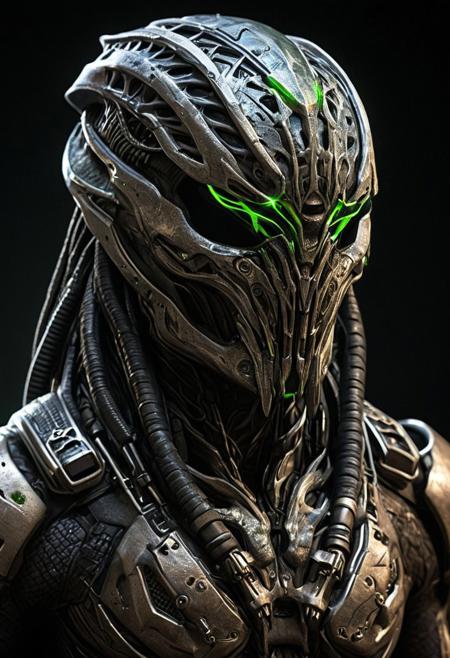 syntheticbreed, wearing yautja armor and full body net bodysuit, Close-up Yautja Predator helmet, hyper-detailed design, layered nano-fiber visor with adaptive HUD, weathered plasma-forged Damascus alloy, glowing green bioluminescent bacterial veins, vocal synthesizer grille emitting subsonic pulses, acid-dripping filtration vents, EMP-resistant crystalline prismatic visor. Cyber-tribal aesthetic, Predator franchise realism, macro photography, cinematic rim lighting, hyper-realistic textures, dark neon atmosphere, 8K Unreal Engine rendering.