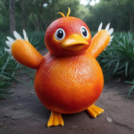 blood orange style, psyduck made of blood oranges, pokemon \(creature\), no humans, solo, blood orange forest background, standing, full body, hands on own head, animal focus, bird, duck made of blood oranges, red eyes, orange, Prickly Pear feathers, looking at viewer, closed mouth, arms up.