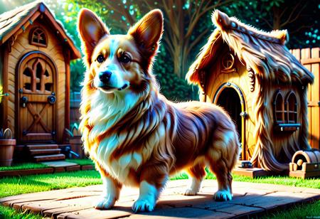 a Pembroke Welsh Corgi made of w00kiee, standing next to a doghouse in a backyard, intricate details, morning light, raw photo, cinematic, highly detailed, bright colors, aesthetic, fine detail, polished, complex, vibrant, symmetry, full color, perfect, ambient, unique, illuminated, epic, best, artistic, quality, dramatic, beautiful, stunning, flawless, extremely, very inspirational