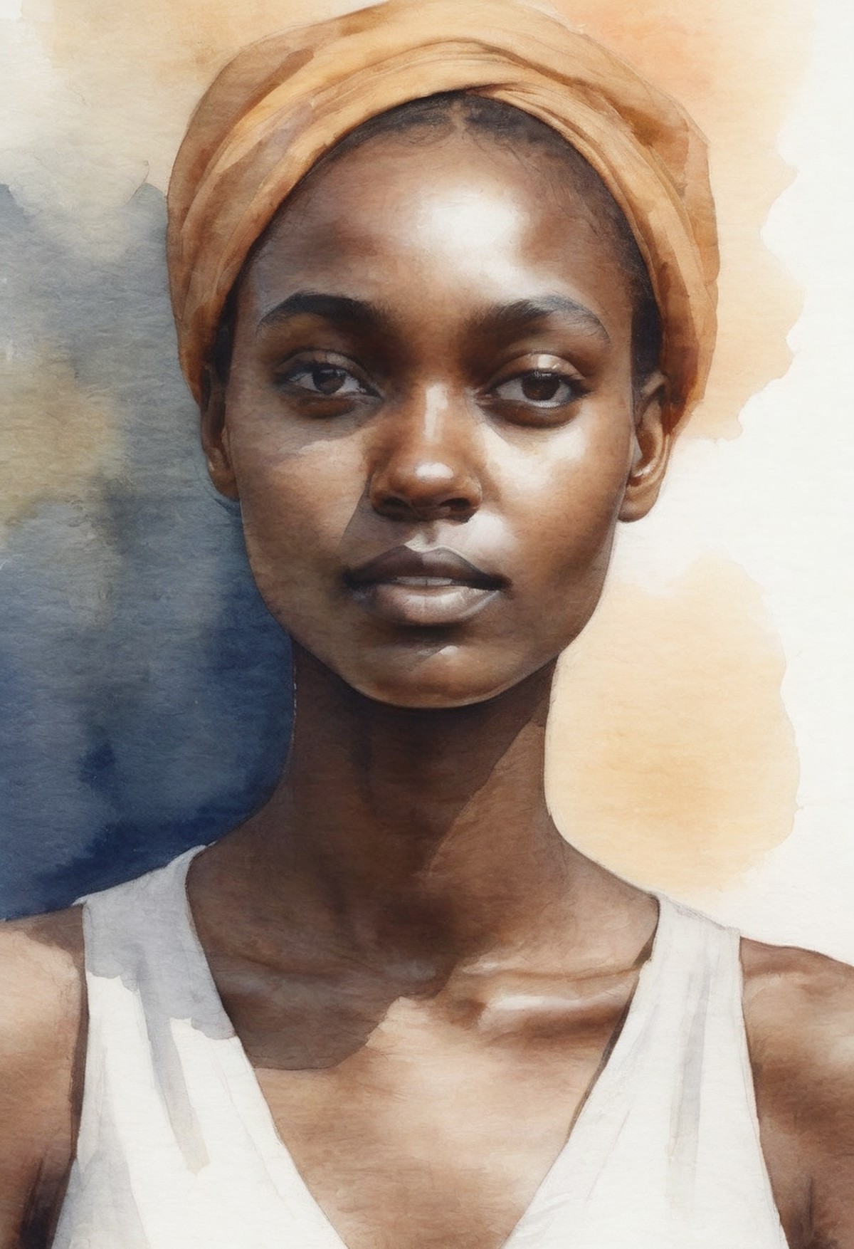 white space minimal watercolor portrait closeup head and shoulders of a beautiful Kenyan model sun dappled 