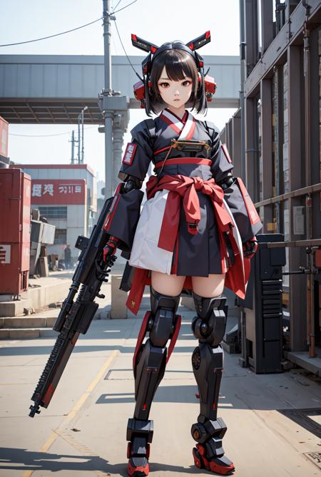 best quality, high_resolution, distinct_image, detailed background ,hanbok,fused robot,girl,holding weapon,mecha musume:0.5, in factory,exoskeleton,