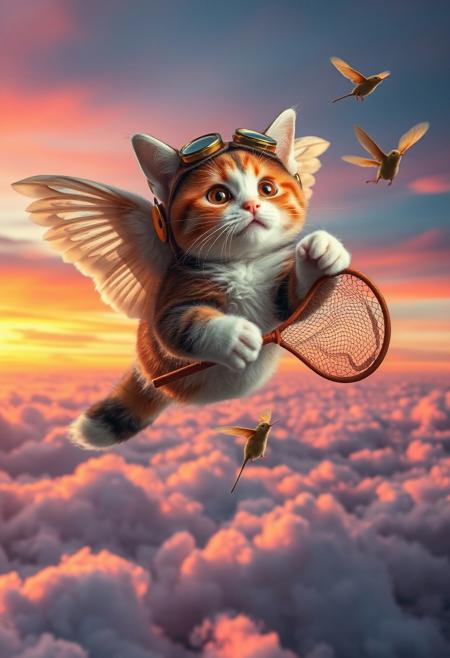 High above a sea of fluffy, cotton-candy clouds at sunset, a playful, chubby calico cat with oversized, fluffy paws, billowing wings, reminiscent of a butterfly's, soars through a vibrant sky. The cat, wearing a tiny aviator helmet with ear holes and goggles, clutches tightly in its paws a retro butterfly net, attempting to catch winged furry mice with feathery tails that flit through the air like iridescent hummingbirds. The sky is painted with streaks of pink, orange, and purple, reflecting in the cat's wide, curious eyes. The surreal scene is filled with a sense of joyful adventure and cute fantasy