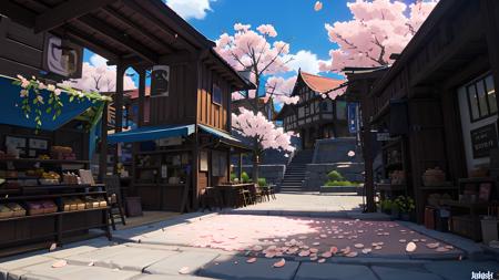 mengde,small town,flowers,sakura on the ground,sakura trees,booths,street,stairs,masterpiece,best quality, highly detailed, cinematic lighting, sharp focus, realistic ,(high quality, best quality, hi res), (ultimate phtoreal Concept Art),realistic,photo realistic, <lora:genshin-000007:0.7>, <lora:mengdea:0.7>,