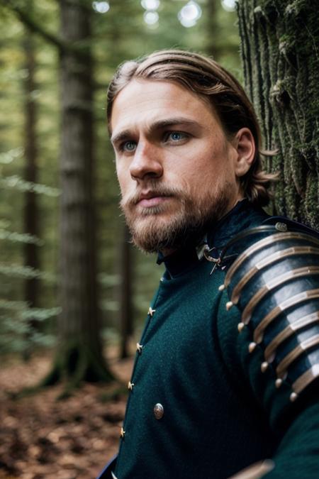 a man destined to be king <lora:charlieHunnamV2:1>, medieval knight, prepairing in the woods, highly detailed face, close up, upper body, RAW, 8K, UHD