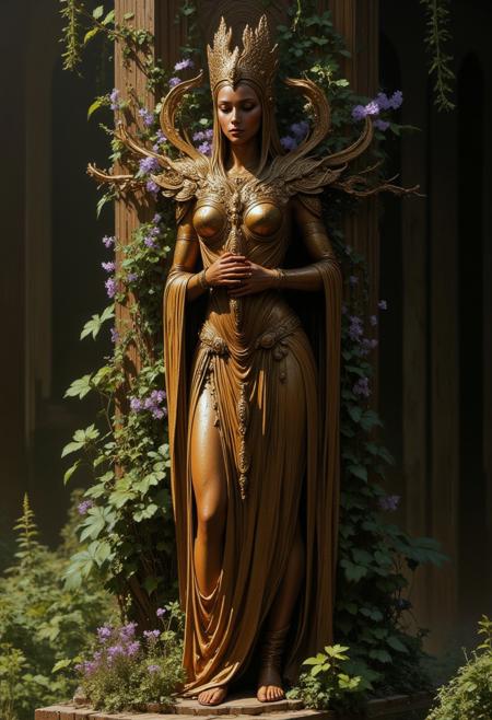 a detailed realistic wood carving of a sorceress in flowing robes wrapped in plant magic, wood statue outside in an overgrown garden in midday, wood grain detail, vines with small purple flowers