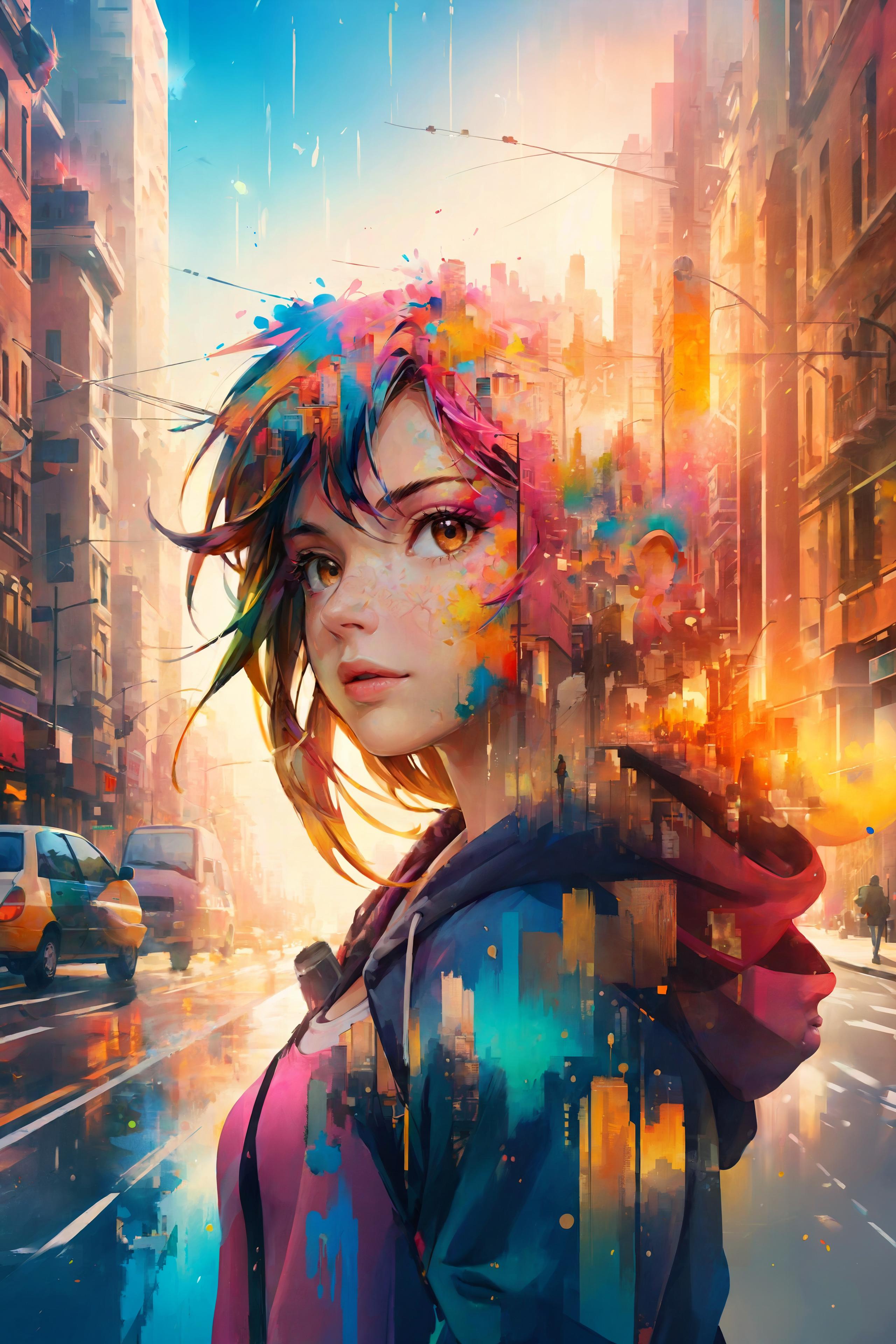 Colorful Artistic Portrait of a Woman with a Hoodie in a Cityscape
