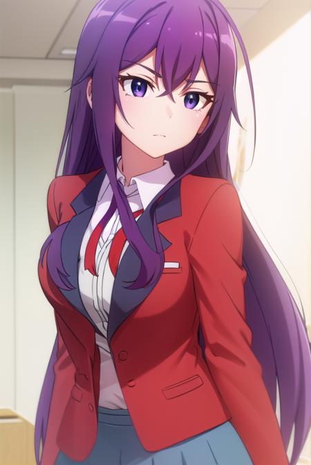 karenkannazuki, <lora:karen kannazuki s2-lora-nochekaiser:1>,
karen kannazuki, long hair, (purple eyes:1.1), purple hair, ahoge,
BREAK skirt, school uniform, blazer, (red blazer:1.5), shirt, white shirt, collared shirt, ribbon, blue ribbon,
BREAK indoors, classroom,
BREAK looking at viewer,
BREAK <lyco:GoodHands-beta2:1>, (masterpiece:1.2), best quality, high resolution, unity 8k wallpaper, (illustration:0.8), (beautiful detailed eyes:1.6), extremely detailed face, perfect lighting, extremely detailed CG, (perfect hands, perfect anatomy),