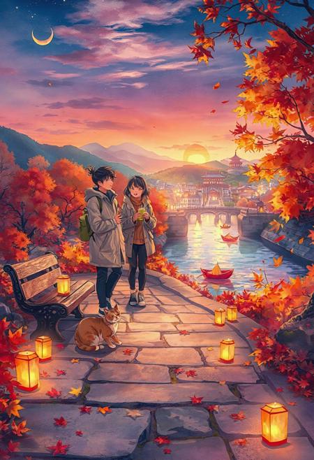 Vertical 9:16 cinematic anime scene, ultra-detailed 4K, watercolor-inspired cel shading, vibrant autumn palette with rich oranges, golds, and deep purples.
Foreground: stone pathway lined with glowing paper lanterns, scattered fallen maple leaves in bright red and amber; a cat curled up on a carved wooden bench.
Mid-foreground: two friends in light jackets walking side by side, laughing quietly; one holding a warm drink, the other pointing toward the horizon.
Midground: gently flowing river reflecting autumn lights, lined by trees in full color; floating leaf boats lit with tiny candles drifting on the water.
Background: softly glowing town on a hillside, warm window lights twinkling; silhouette of a temple on a distant ridge.
Sky: deep twilight transitioning to starry night, crescent moon rising behind drifting clouds, sky brushed in watercolor gradients.
Floating dust and faint golden particles in the air, soft lens bloom, vivid but soft tones — scene layered front to back for depth and emotional motion.