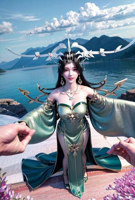 <lora:liushen3:0.85>(liushen)
 1girl, magic, long hair, solo, blue fire, fire, dress, full body, lightning, wide sleeves, spirit, black hair, (chinese traditional style), chinese clothes, (hair ornament), glowing, (hitodama), energy, barefoot, horns, green hair, breasts, floating, green dress, green magic, green light,looking at viewer,
(8k,4k),ultrares,(highres:1.6),(masterpiece, top quality, best quality),extreme detailed,(colorful:1.4),highest detailed,ultra-detailed,(highly detailed CG illustration),ultra-fine painting,(Vivid Colors:1.1):1.4, 1girl, solo, looking at viewer,(masterpiece), (best quality), (ultra detailed),(highres), absurdres, (ultra realistic 4k CG), delicate pattern, intricate detail,best illumination,best shadow,natural lighting, 1girl, solo,necklace,earings,jewelry, ((black hair:1.2)), solo, earrings, long hair, necklace,smile, floating hair, (Japanese style architectures:1.2 at the downside),outdoors, Area occupied by the girl is less than 1/2 of the total area, (floating in the sky),long legs,(large breasts),upper body,
(pov:1.85),
show legs,
<lora:more_details:0.5> <lora:epi_noiseoffset2:1>