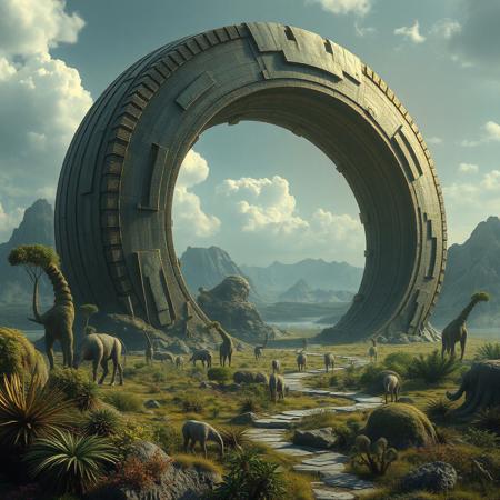 An ancient alien structure hums back to life after millennia. The landscape around it is covered in alien wildlife and flora.
