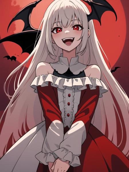 masterpiece,best quality,detailed,1girl,crimson sky,arms at sides,red crimson moon,vampire,long two toned frilled dress,gentle breeze,smile,fangs