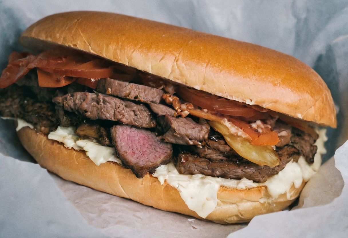leica m3, 35mm Voigtlander lens, Portra 160/400, photo of cheese steak , high contrast, natural  sunlight
