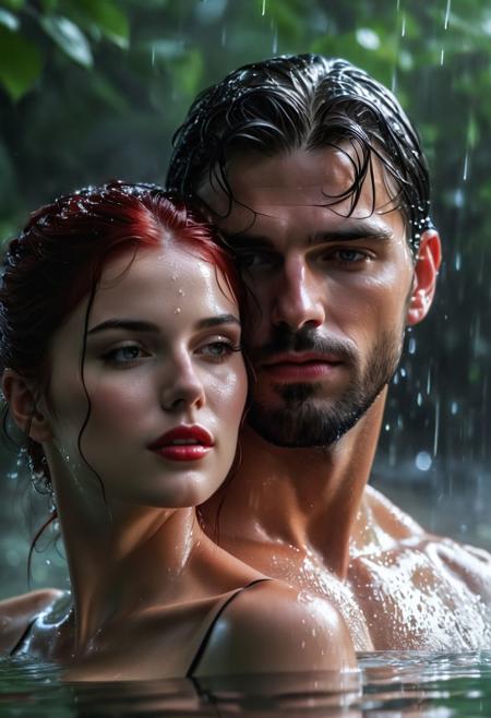 hetero couple, (a woman, 1girl, goddess, pale, medium breasts, with blood red hair, 23 year old, blue eyes, beautiful, ethereal features, flowing nighty), kisses a man (1boy, god, olive skin, onyx black hair, short hair, short black beard, 23 years old, handsome, stoic features, ethereal features, naked, green eyes, a look of tender love on his face as he looks at her), in a stream, soaking wet, kissing, caressing, loving each other, ultra HD, 8 k, natural lighting, black pupils, best quality, super complex details, perfect eyes, perfect teeth, photorealism, wide angle, focus on woman, wet skin, wet hair