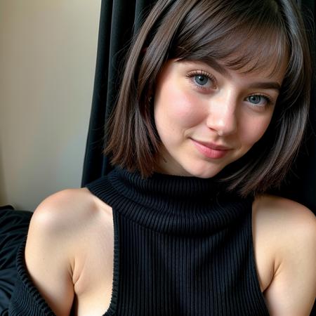 instagram photo, closeup face photo of 23 y.o Chloe in black sweater, sfw, cleavage, pale skin, (smile:0.4), hard shadows,  blue eyes, dark hair, medium breasts, medium length hair, attractive, <lora:MirrorSelfieLora:.6> <lora:add_detail:.8> <lora:epiCRealismHelper:.8>