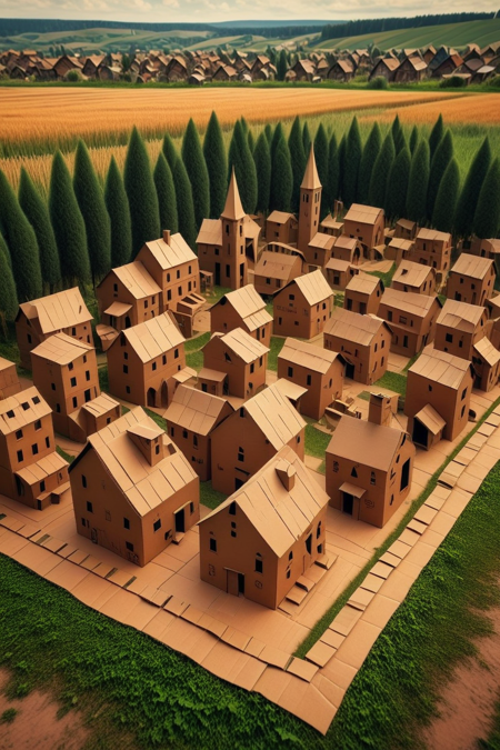 CardboardRay, small village made of cardboard, cinematic photography  <lora:CardboardRay:1>