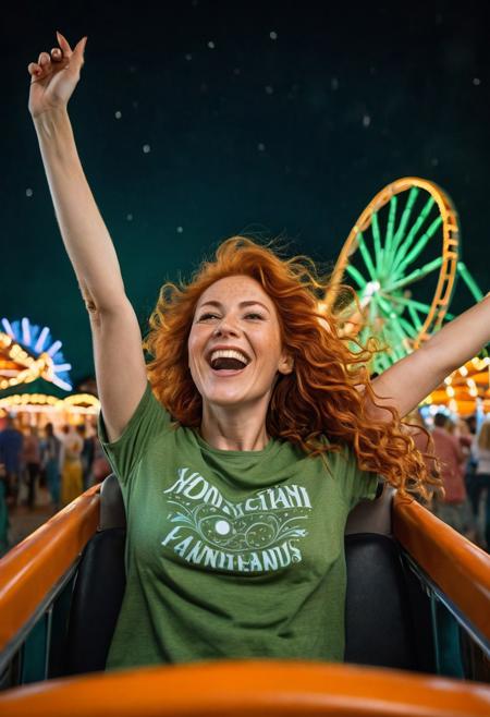 A captivating, cinematic night time photo of elegant beautiful woman riding a rollercoaster, hands in the air, in a brightly lit theme park, laughing, arms out, age 50 with long curly orange hair and freckles, wind blowing her hair. She is dressed in an 80's t-shirt. Her long orange hair flows elegantly, and her eyes are a striking shade of green. The background is a mystical, moonlit fairgrounds, glowing party lanterns., DarkFantasy, photo, cinematic,