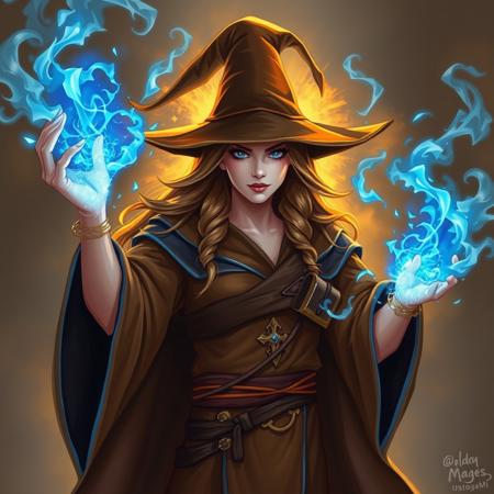 Female mage, casting spells, blue spells, golden aura, wearing brown robe with blue trim, wearing brown pointed wizard hat