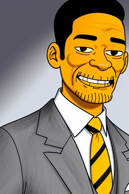 asim style, simple drawing of Will Smith wearing a suit, closeup, animated, <lora:simpsonslora:1>