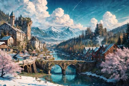 (RAW photo, 8k uhd, Analog style, Masterpiece, Best Quality, Highres:1.4), (dramatic, cinematic:1.2), BREAK,
movie shot of colorful hyperdetailed fantastic fantasy mysterious magic landscape, above clouds, (medieval elven fantasy (village:1.35), (steampunk:1.05) (peasant:1.15) (robots:1.1) (crowd:1.35), playing (little steampunk (girl:1.25):1.1), (farm:1.31), (lake, (river:1.14):1.15), (bridges:1.4), (waterfalls:1.35), (boat:1.4), (dock:1.1), (cliff:1.35), road, (green:1.05) valley, (flowers:1.2), (maple trees:0.65), (green:1.05) (fields:1.3), (fences:1.3), (snowy:1.17) (pines:1.1), (pink:1.0) (flowering tree:1.12):1.22), BREAK,
((mountains:1.22), (futuristic:1.15) (overgrown:1.27) (skyscrapers:1.53) (ruins:1.35), (market, water wheel, castle:1.14), (colorful houses:1.2), birds, stairs, spaceport, ((bright morning sun daylight:1.05) rainbow pure (blue:1.05) sky, glowing:1.05), starry, crescent, meteor, ((fluffy cloud:1.2), godrays, light particles:1.05), various seasons, steam, smokes:1.2), BREAK,
(photorealistic:1.2), (intricate:1.3), (light theme:1.3), (inspiring joyful atmosphere:1.2), (fabulous, fantasy, mysterious, science fiction, post-apocalypse, incredible, amazing, happy, sunny, pastoral, esoteric, antique:1.2), (hyperdetailed, absurdres:1.2), (colorful, saturated:1.4), colorful lighting, BREAK,
<lora:more_details:1>,