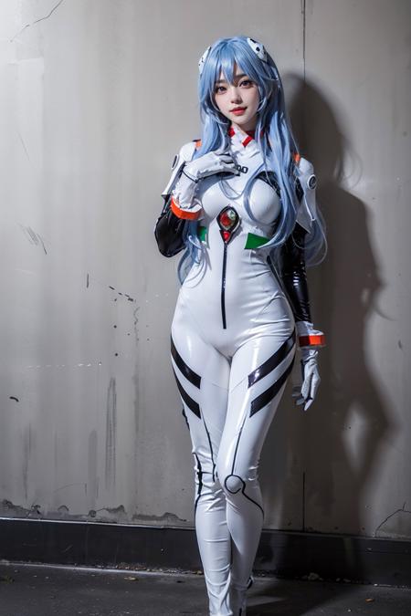 best quality, masterpiece, realistic, (photorealistic:1.4), 1girl, solo, full body, looking at viewer, smile, standing, ayanami cosplay costume, cosplay, long hair, bodysuit, skin tight, hairpods, wall, <lora:ayanami_longhair_plugsuit_cosplay_costume_v1:0.7>