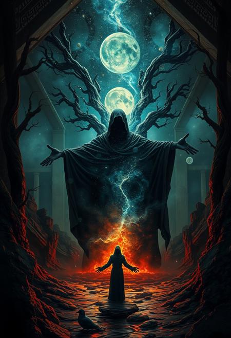 A universe inside a dark cloaked figure within mysterious landscape in an unfathomable realm of fantastic creation inhabited by ancient shadows of a forgotten time beyond the gate of the gateless gate where life is limitless, light is shadow and shadow is light, eerie sense, horror, spark of the beginning, existence and nonexistence at once, ethereal, outstretched arms, behold the end of the beginning, inglorious glory to the dark one, betrayal of the ancient order, beware the 7headed beast, destroyer of the old ways, bearer of the unbearable, nightmarish, archaic runes, tree aging backwards, breath of the gods
